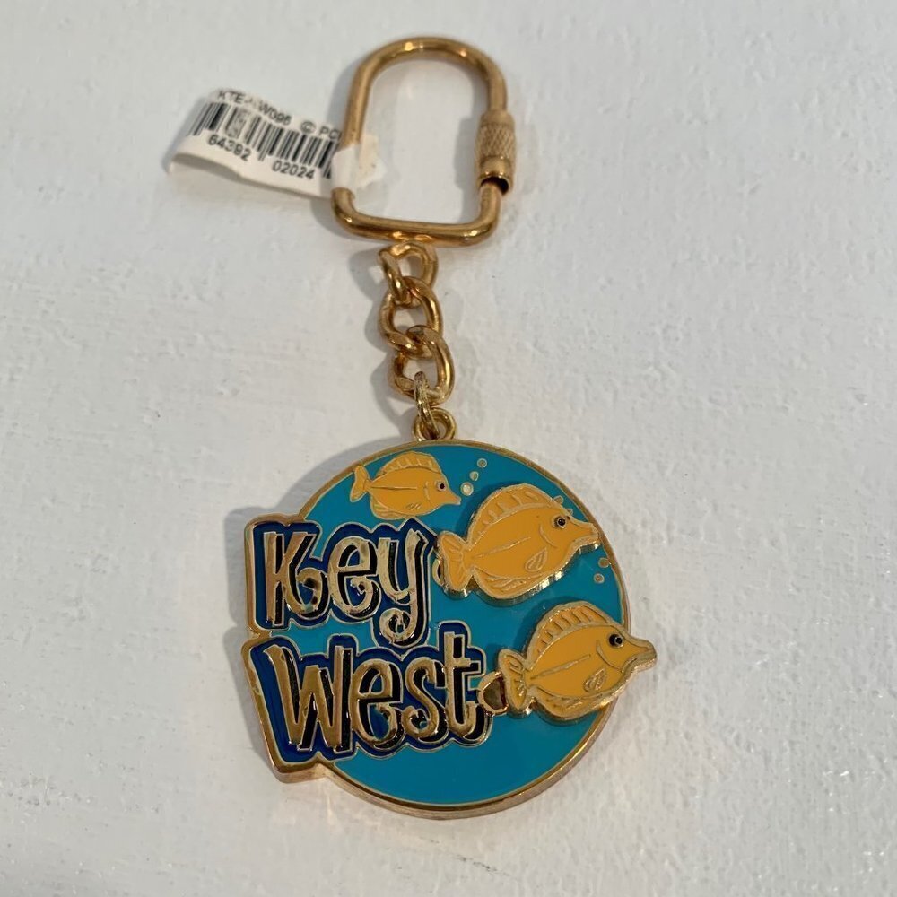 Key West Florida Moving Fish Keychain Metal Blue Gold Unique Swimming Fish Fob